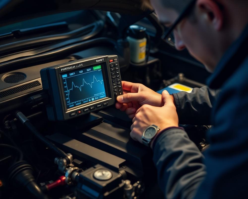 Técnico analisando o motor com osciloscópio automotivo