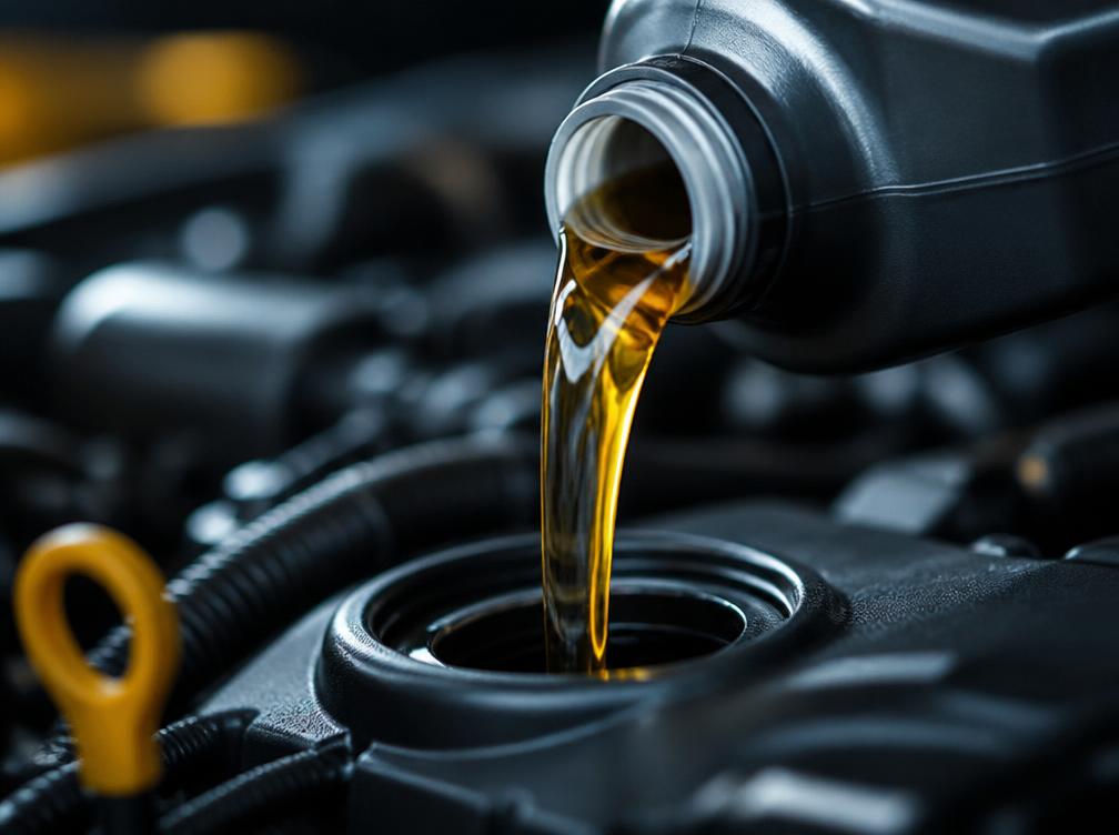 Óleo de motor novo sendo aplicado durante a troca de óleo